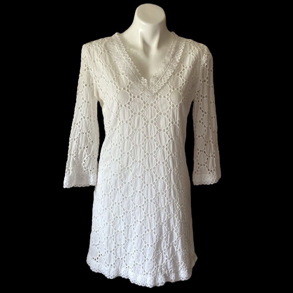 London Times Women’s White Eyelet Long Sleeve Cotton Mini Shift Dress Size 10